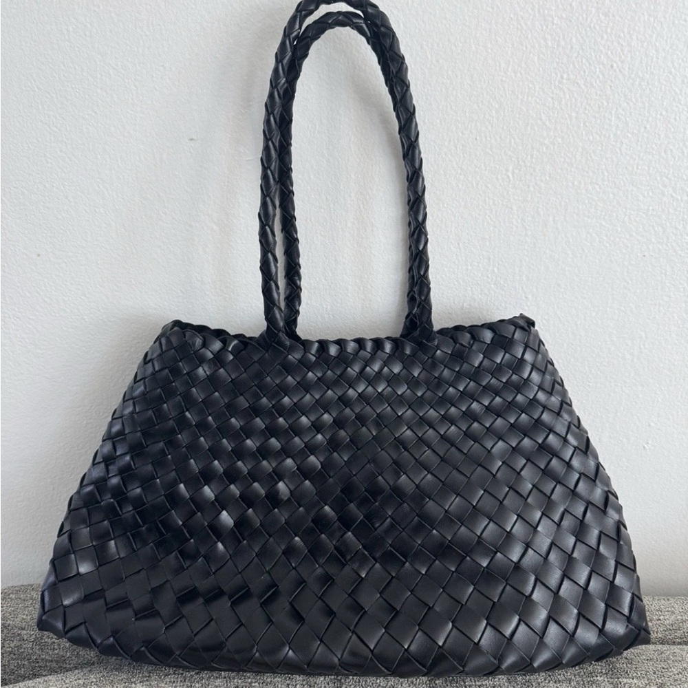 Leather Black Woven Tote Bag